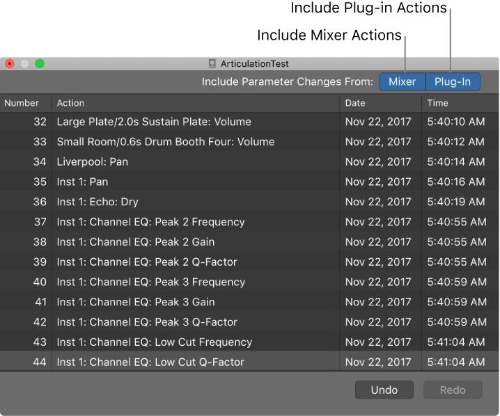 Logic Pro X Mixer Undo History Window learning at the elbow of the